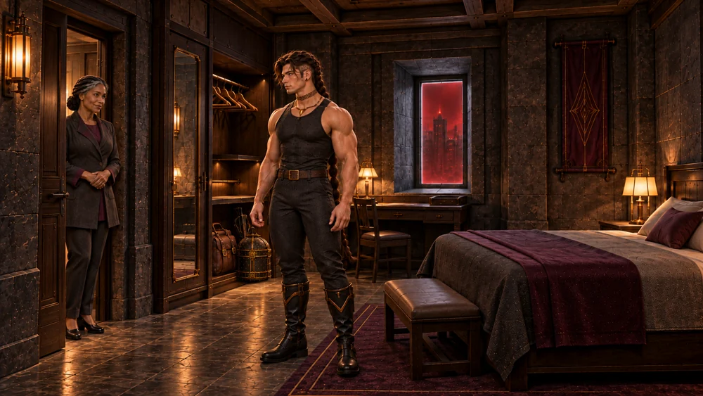 Saevren sets his travelling belongings in a quiet room with a bed, desk and storage alcoves.