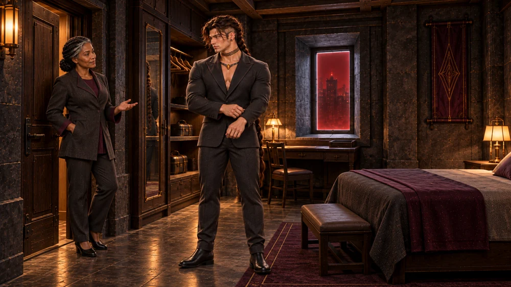Saevren checks the fit of his charcoal suit, with plum trim, a fastened blazer and plain black Chelsea boots.