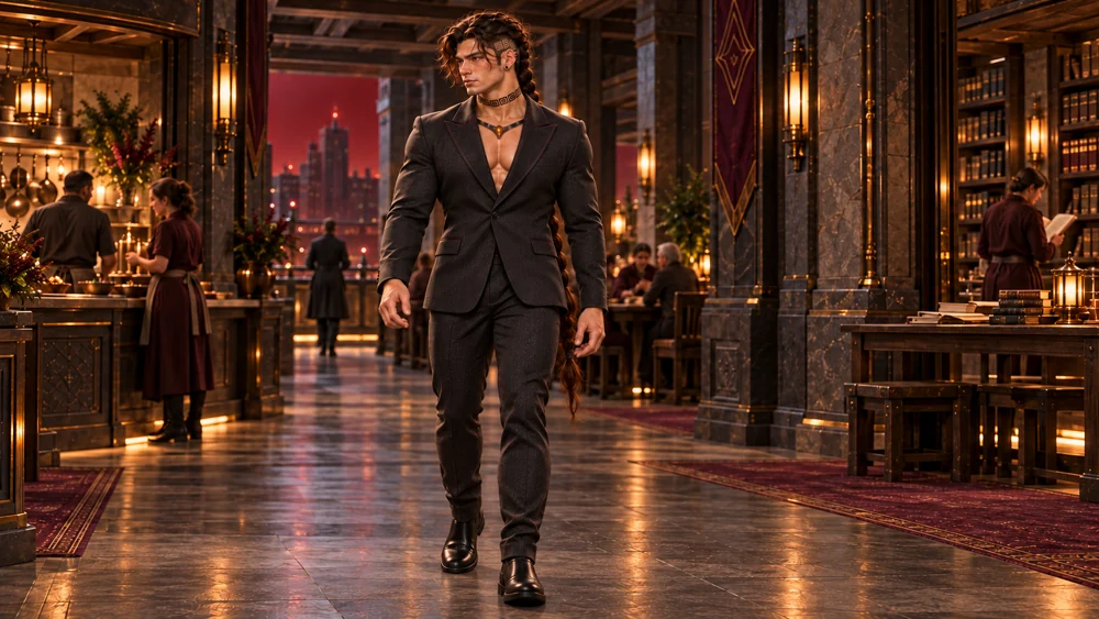 Saevren walks through a civil gallery wearing the tailored suit and his familiar long braid.
