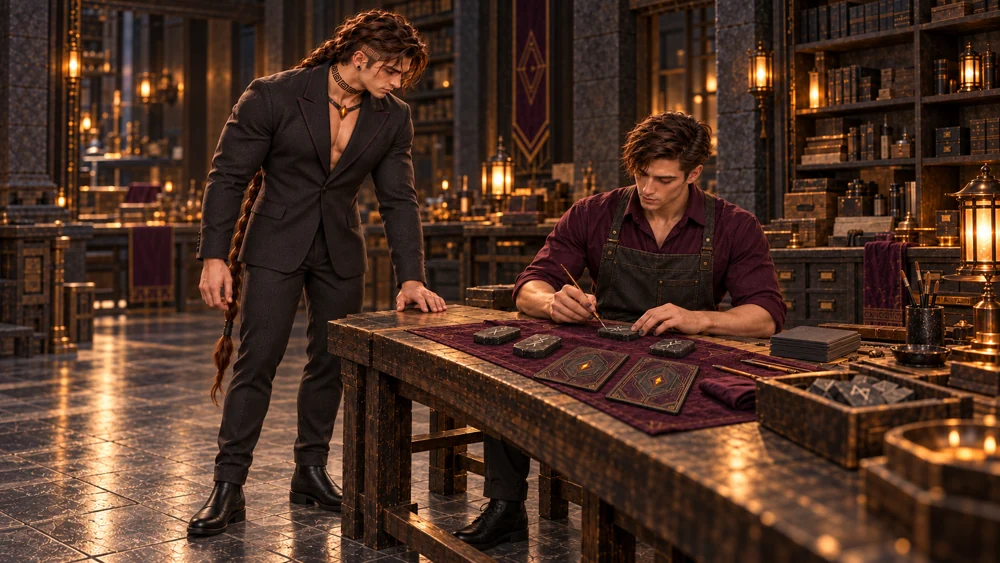 Edris shows Saevren the careful preparation of the runic pieces and reading cards.