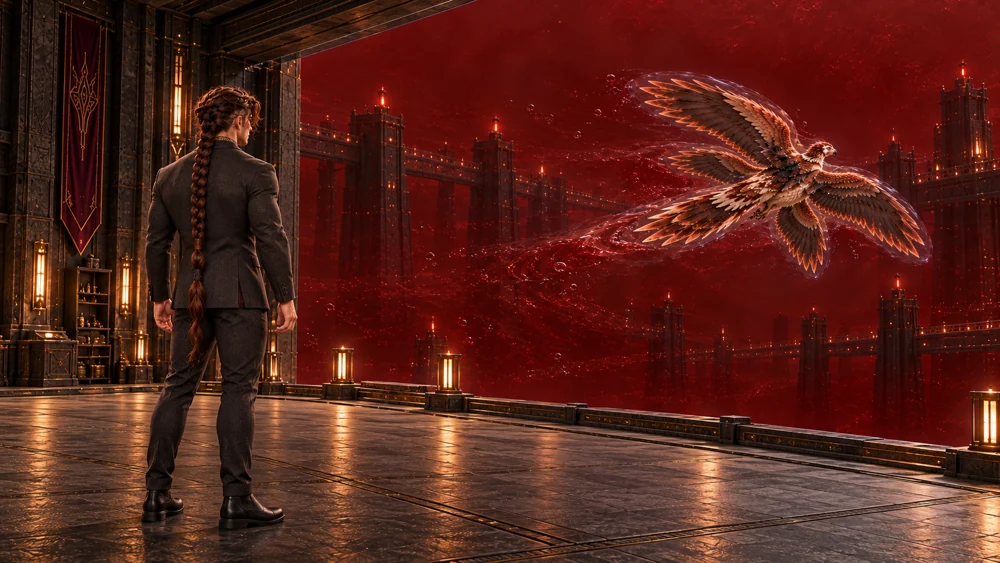 Saevren stays within the dry gallery while Thoden flies away into the red liquid beyond.