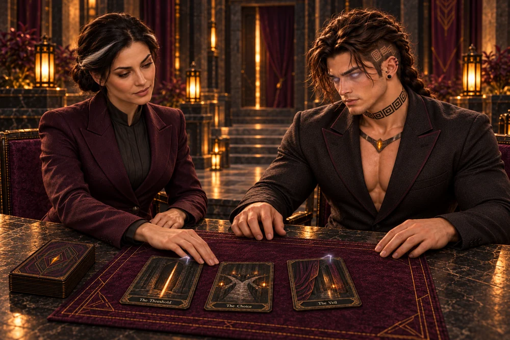 Ilyrane lays out a short card reading while Saevren studies the relation between the cards.