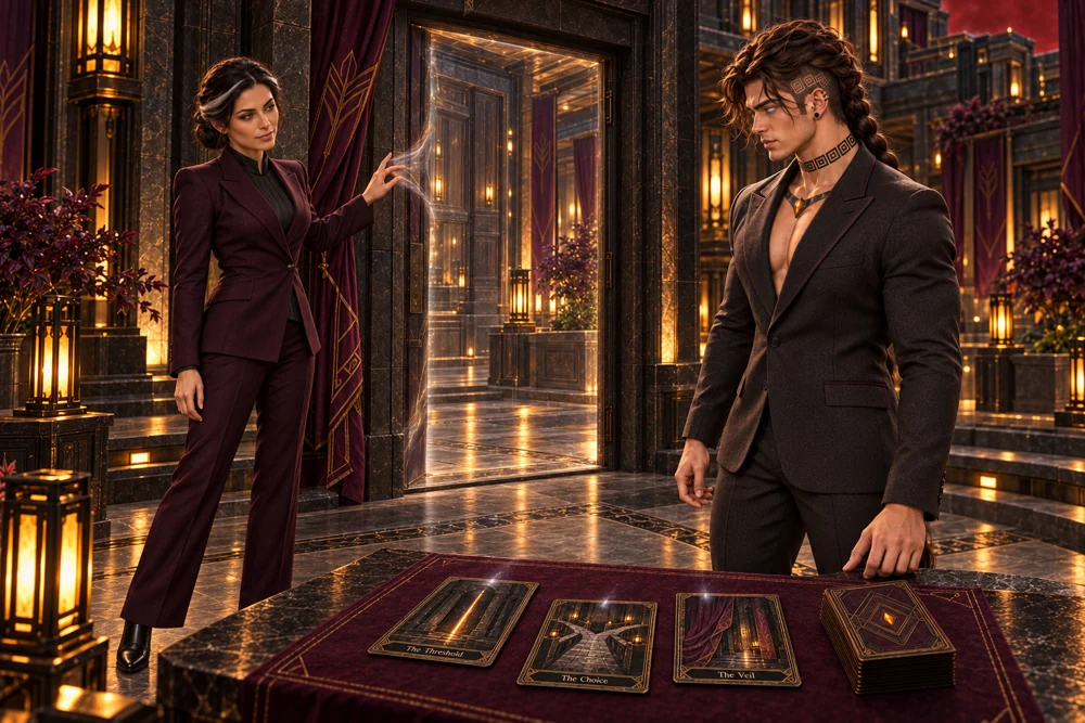Ilyrane presents an apparent open doorway while Saevren studies whether the passage is real.