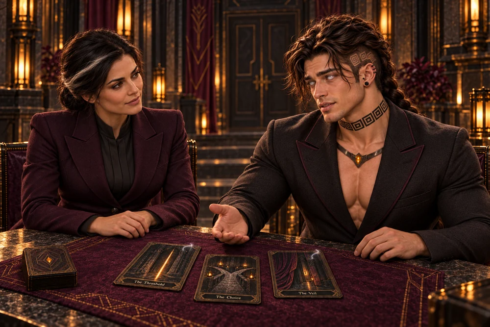 Saevren compares the cards and nearby clues before offering a more patient reading.