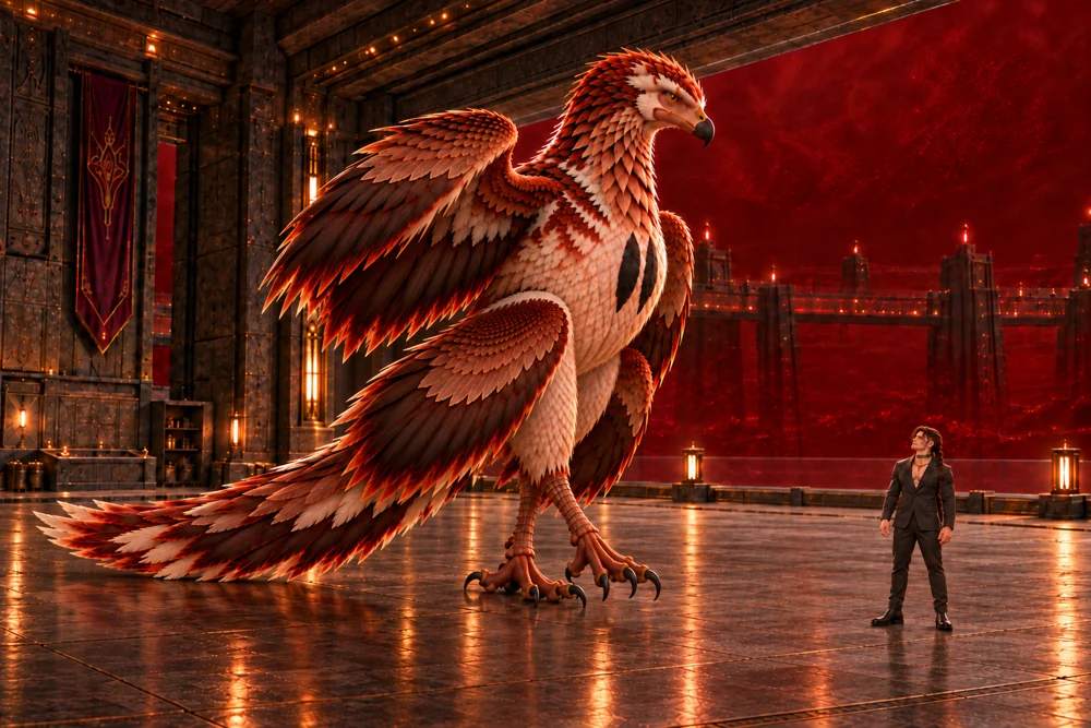Thoden turns and folds his four wings into the broad bay while Saevren gives him room.