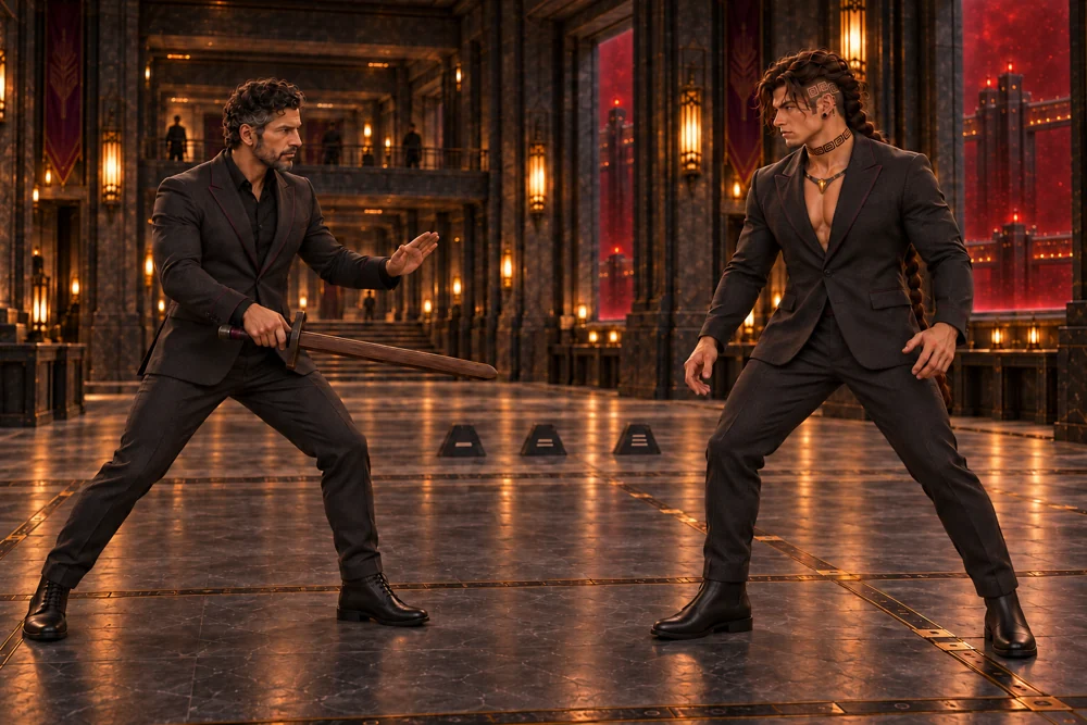 Rethan opens a formal practice with a blunt training weapon while Saevren observes his stance.