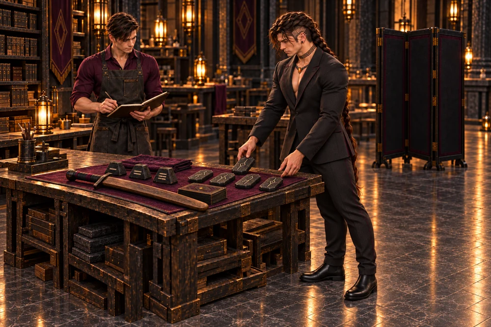 Edris checks the borrowed cards, runic pieces and practice equipment that Saevren returns.