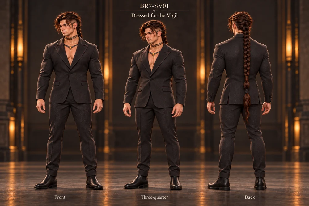 Front, three-quarter and rear studies of Saevren in a fastened charcoal blazer, formal trousers and plain black Chelsea boots.