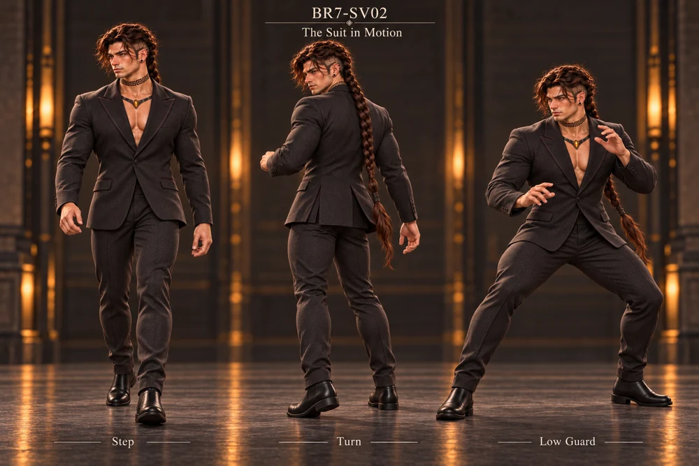 Studies of Saevren moving through measured practice positions in his charcoal and plum suit.