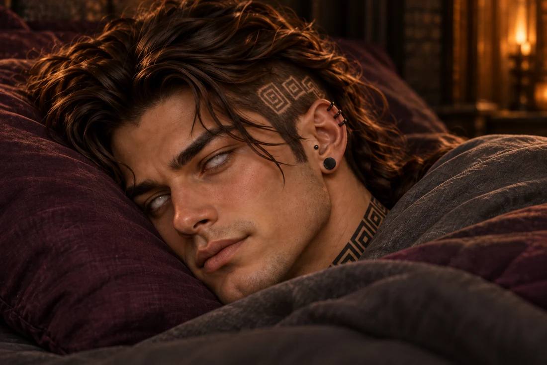 Saevren asleep in amber lamplight, his open eyes veiled in pearly white.