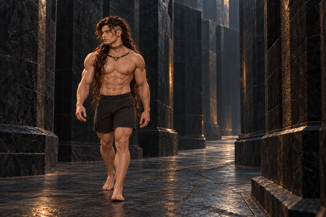 Saevren walks alone through a monumental dark stone maze, wearing opaque charcoal shorts and no shoes. His long brown hair is loose, his eyes ordinary, and his original left-side jewelry, neck tattoo and inactive frontal Ward remain visible. The tall walls conceal the passage ahead.