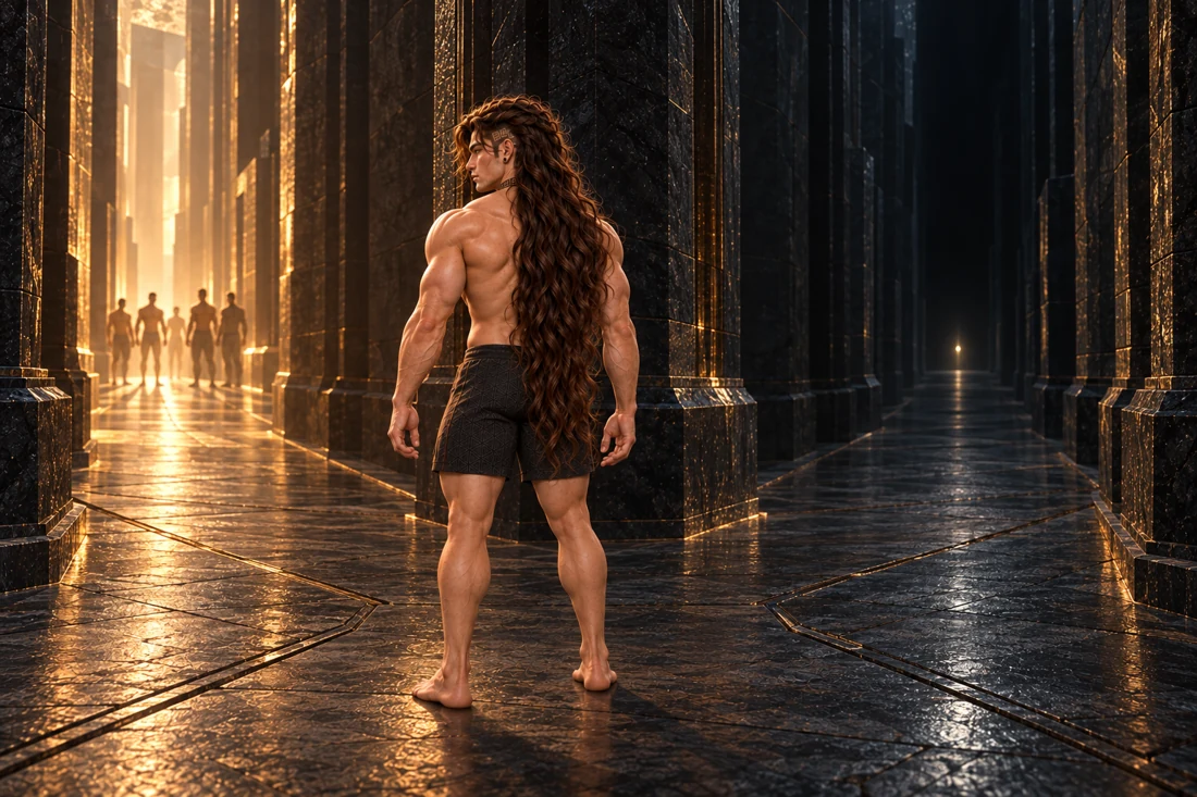 Saevren pauses at a fork in the monumental black stone maze, seen from behind with his long loose hair and opaque charcoal shorts. The left corridor glows warmly around distant male silhouettes with indistinct faces. The right corridor lies in shadow, with a single tiny light far away. He has not yet chosen.