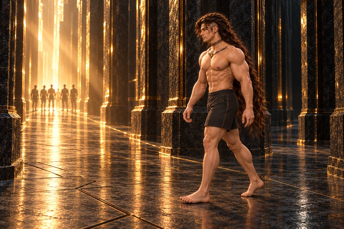 Saevren walks leftward into the warmly illuminated passage, his original left undercut and jewelry visible. His loose brown hair, opaque charcoal shorts, bare feet and inactive frontal Ward remain unchanged. Distant attractive adult male silhouettes wait ahead with their faces obscured by the light.