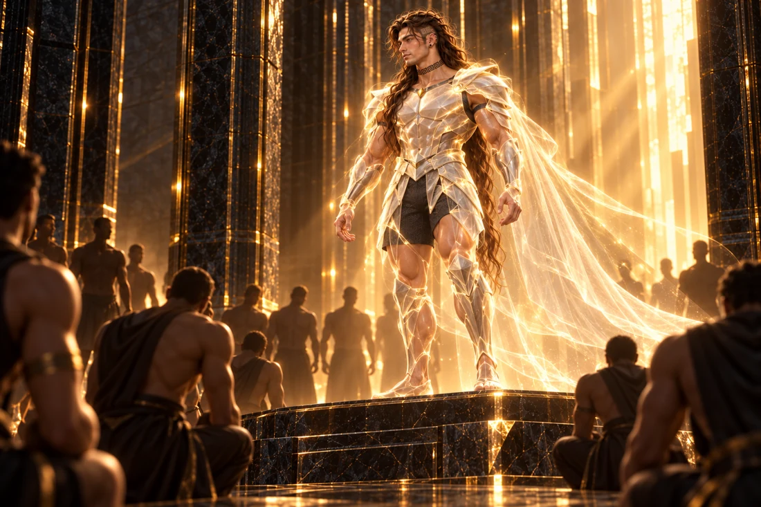 Saevren stands on a low black mineral podium as pale metallic armor and a luminous ivory cape form around him in warm golden light. Unfinished outlines reveal his original charcoal shorts and body beneath the dream projection. Adult male silhouettes gather below, some kneeling, their faces obscured. His long hair remains loose and his original left-side features are preserved.