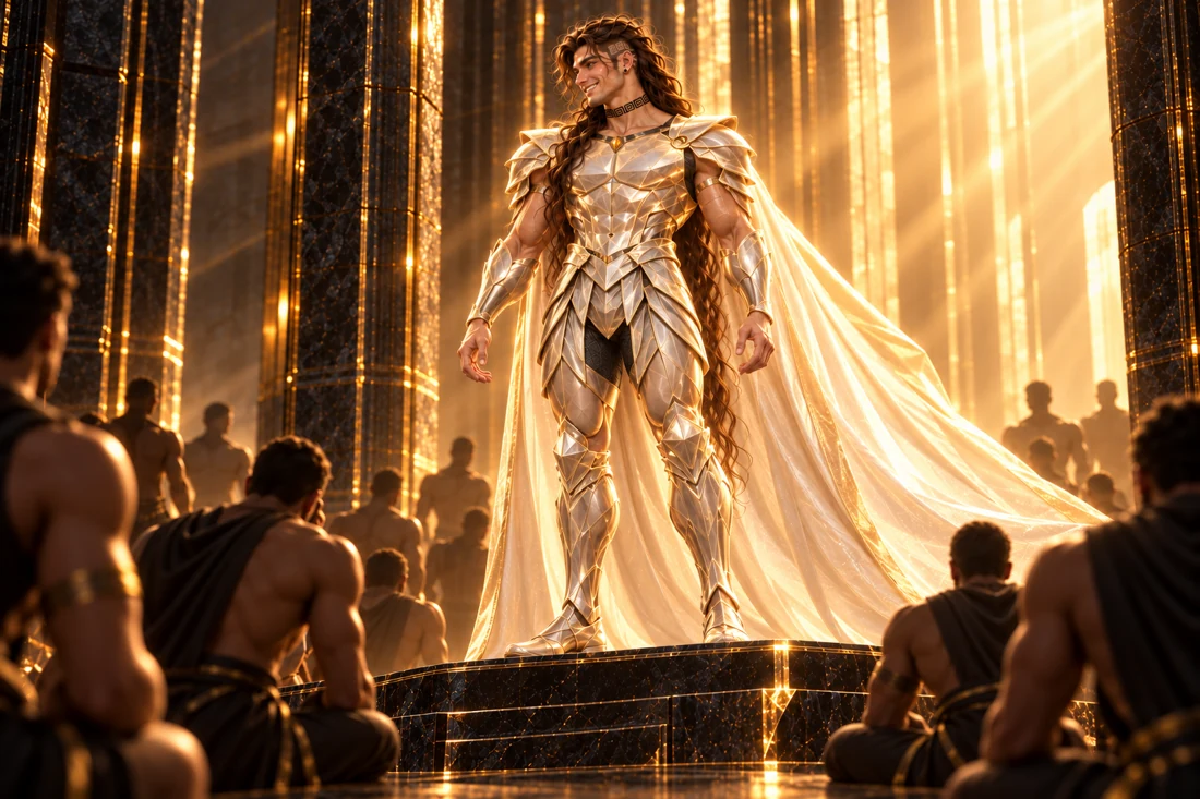 Saevren smiles with exceptional happiness above the gathered men, standing steadily on the black mineral podium in completed pale metallic armor and a flowing ivory cape with golden edges. His loose brown hair and original left-side features remain visible. The figures admire him from below, their faces obscured by shadow and soft focus.