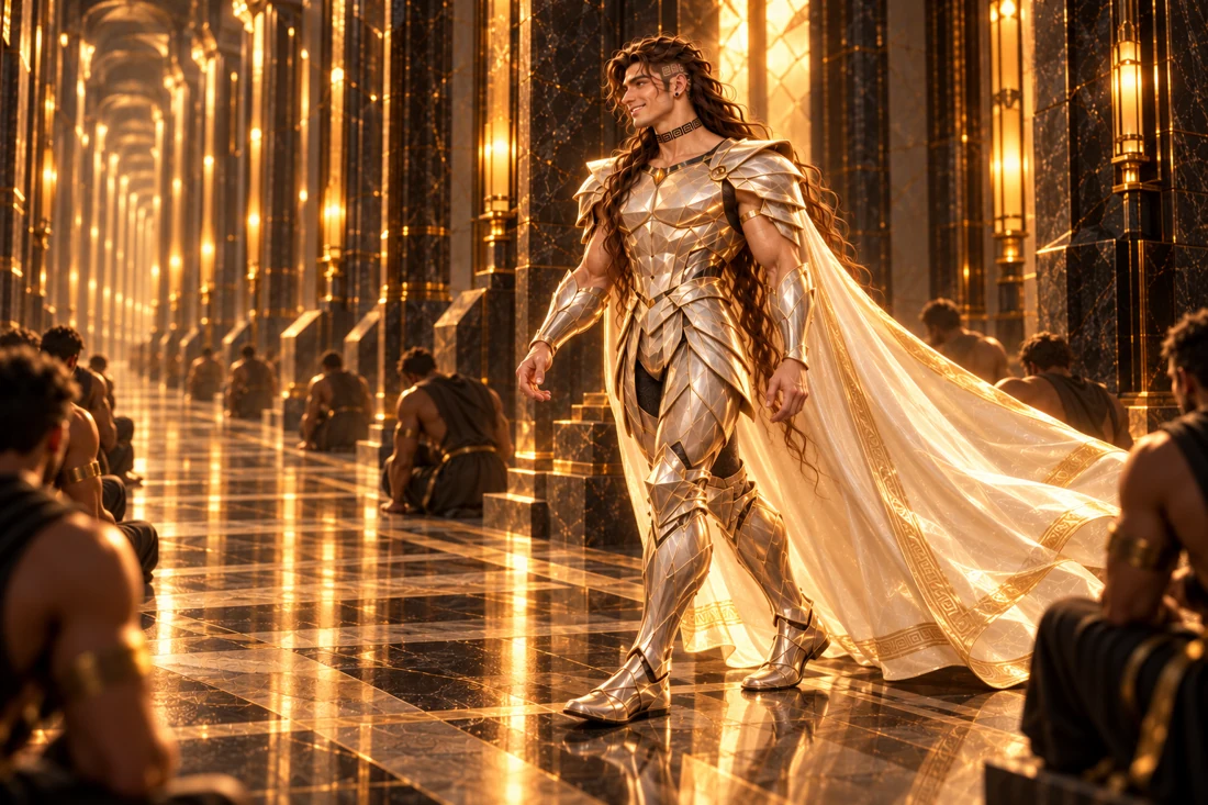 Saevren walks through an apparently endless black and gold corridor in immaculate pale faceted armor and a flowing ivory cape. His long loose brown hair and original left-side features remain visible as he smiles. Indistinct adult men kneel along both sides, while identical pillars and lamps repeat into the distance without revealing a destination.
