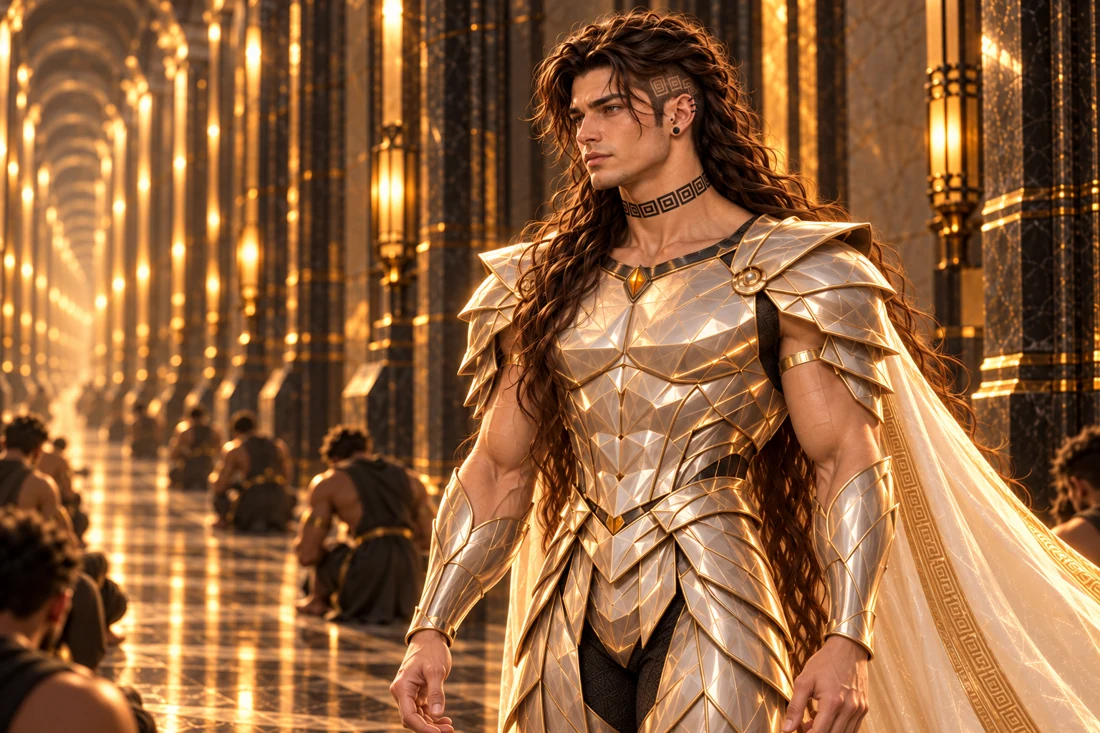Saevren's smile has faded as he looks along the repeated black and gold corridor. Seen from the upper thighs upward, he wears the same immaculate pale faceted armor and ivory cape, with loose brown hair, his original left undercut and obsidian jewelry. Indistinct adult men still kneel in admiration beside the warmly lit passage, while his expression becomes searching and uncertain.