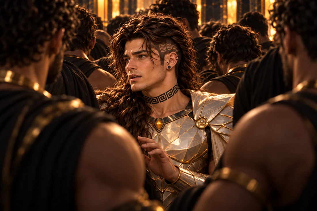 Saevren stands tightly enclosed by anonymous adult male figures whose overlapping shoulders hide the path. His worried young face, original left undercut and obsidian jewelry remain visible above his pristine pale faceted armor. He raises one open hand near his chest as the warm light of the corridor survives only in narrow fragments behind the crowd.