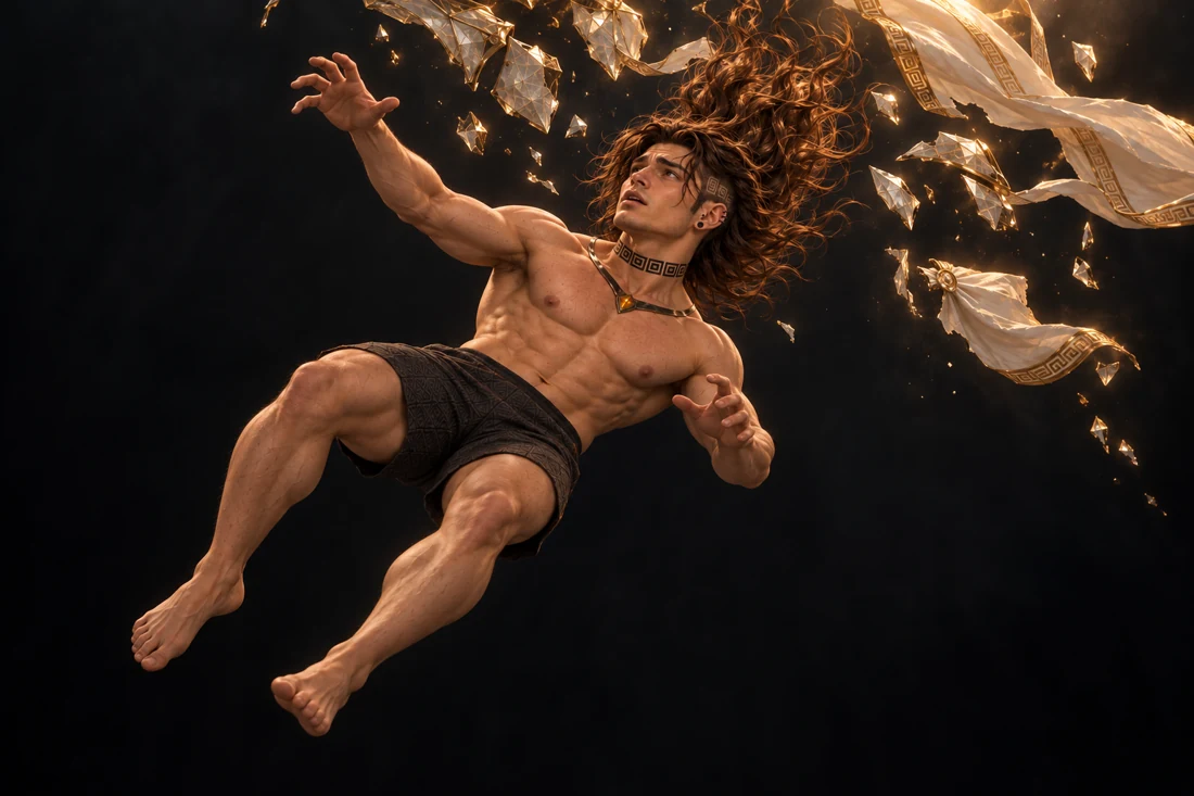 Saevren falls diagonally through a boundless black void in opaque charcoal sleeping shorts, barefoot, with his original Ward and left-side features intact. His long loose brown hair rises above him as pale faceted armor fragments and strips of ivory cape disperse upward. His arms reach for support, his knees bend unevenly, and no ground is visible beneath him.