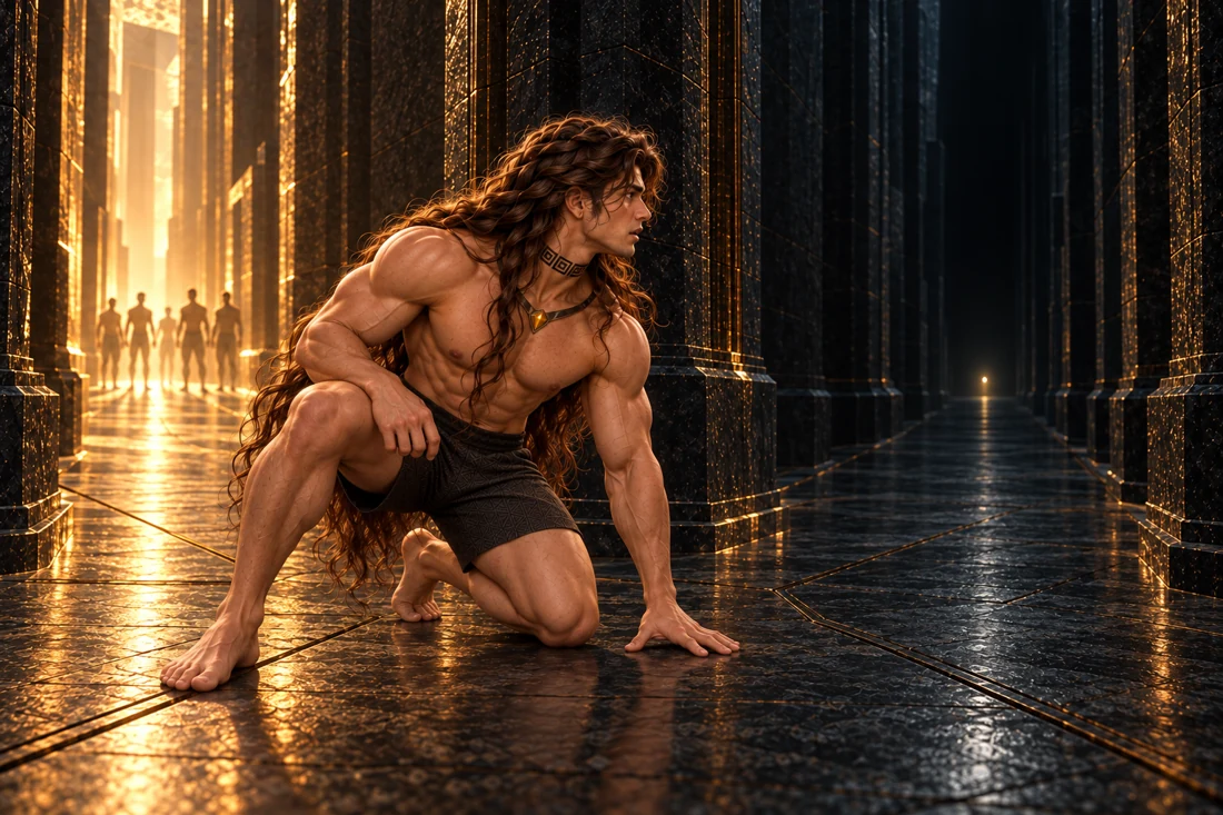 Saevren kneels at the same black mineral fork after landing, one palm and knee on the floor and the other bare foot planted. In opaque charcoal shorts with long loose hair and his original Ward, he looks anxiously toward a single tiny light in the dark right-hand passage. The illuminated left-hand corridor still holds distant anonymous male silhouettes. His visible right profile has an undecorated ear and unshaved hair.