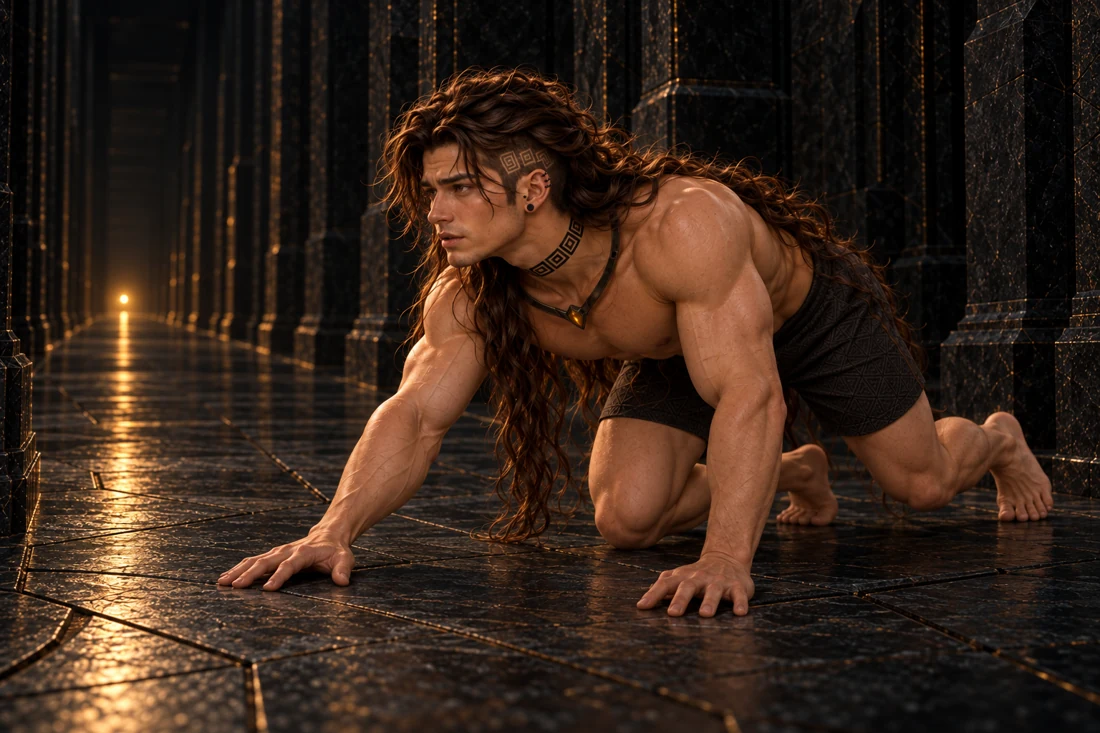 Saevren crawls through the dark mineral passage toward a small distant warm light. Both hands brace against the dry stone as his knees move unevenly beneath him. His young face, original left undercut and obsidian jewelry are visible, with long loose brown hair brushing the floor, opaque charcoal shorts, bare feet and the inactive frontal Ward.