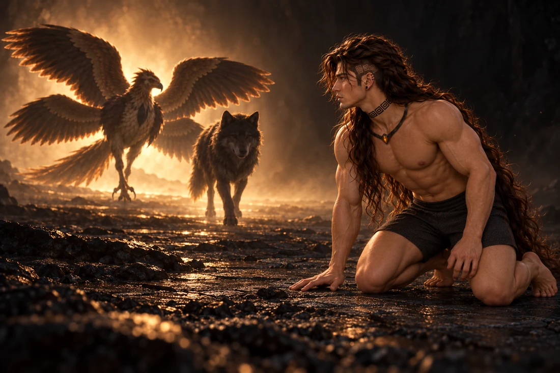 Saevren kneels at the edge of a softly lit mineral clearing, watching a dark wolf and a large four-winged bird approach from the left. Warm backlight outlines both animals, leaving their identities uncertain. His long loose hair, opaque charcoal shorts, bare feet, original left-side features and inactive Ward remain unchanged. A visible gap still separates him from the animals.