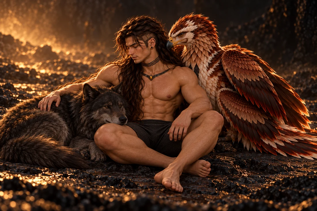 Saevren sits quietly between a curled dark wolf and a resting four-winged bird in the warm mineral clearing. The wolf rests its head near his knee while the bird folds its wings beside his shoulder. His long loose hair, opaque charcoal shorts, bare feet, original left-side features and inactive Ward remain unchanged. His lowered gaze and relaxed posture convey calm.