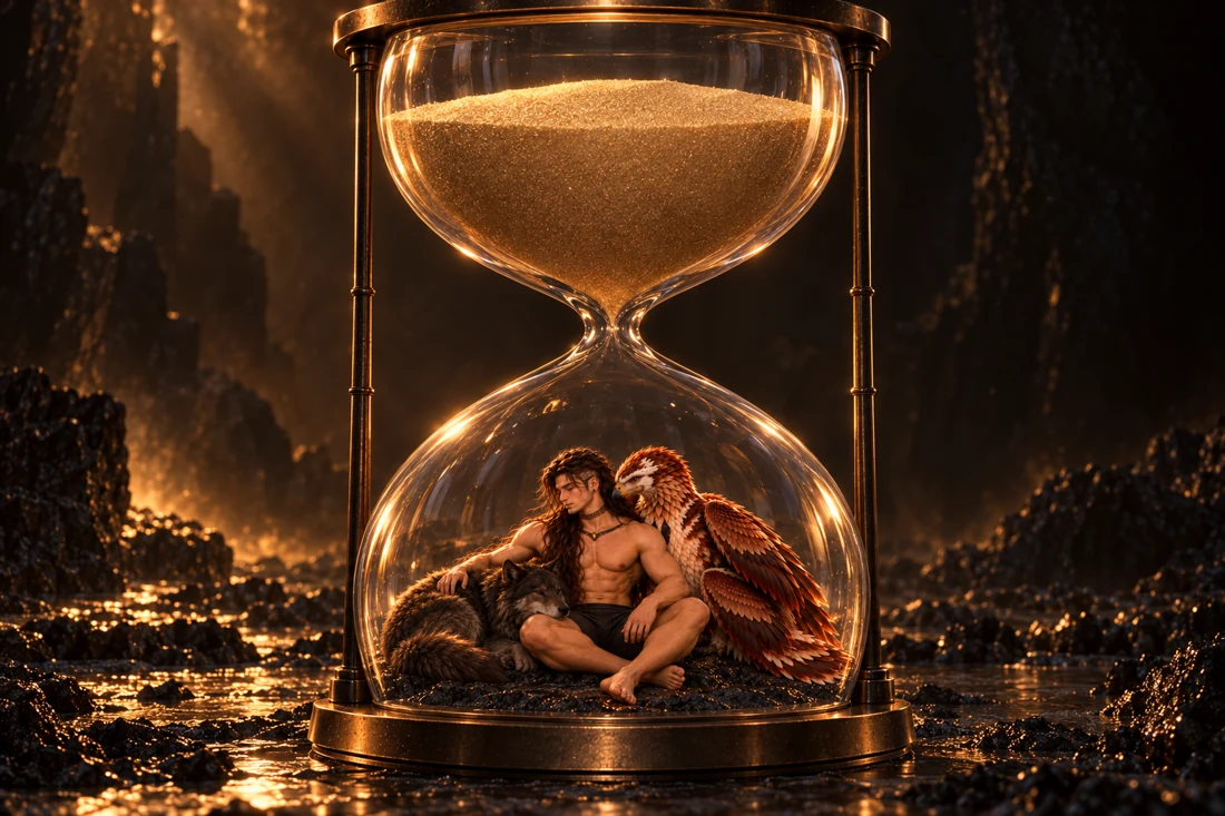 A wide view reveals Saevren, a curled dark wolf and a resting four-winged copper bird together inside the lower glass chamber of an enormous hourglass. Saevren remains seated calmly between the creatures, barefoot in opaque charcoal shorts. All the golden sand remains still in the upper chamber, with no stream falling through the neck. Warm reflections trace the glass above their dark mineral clearing.