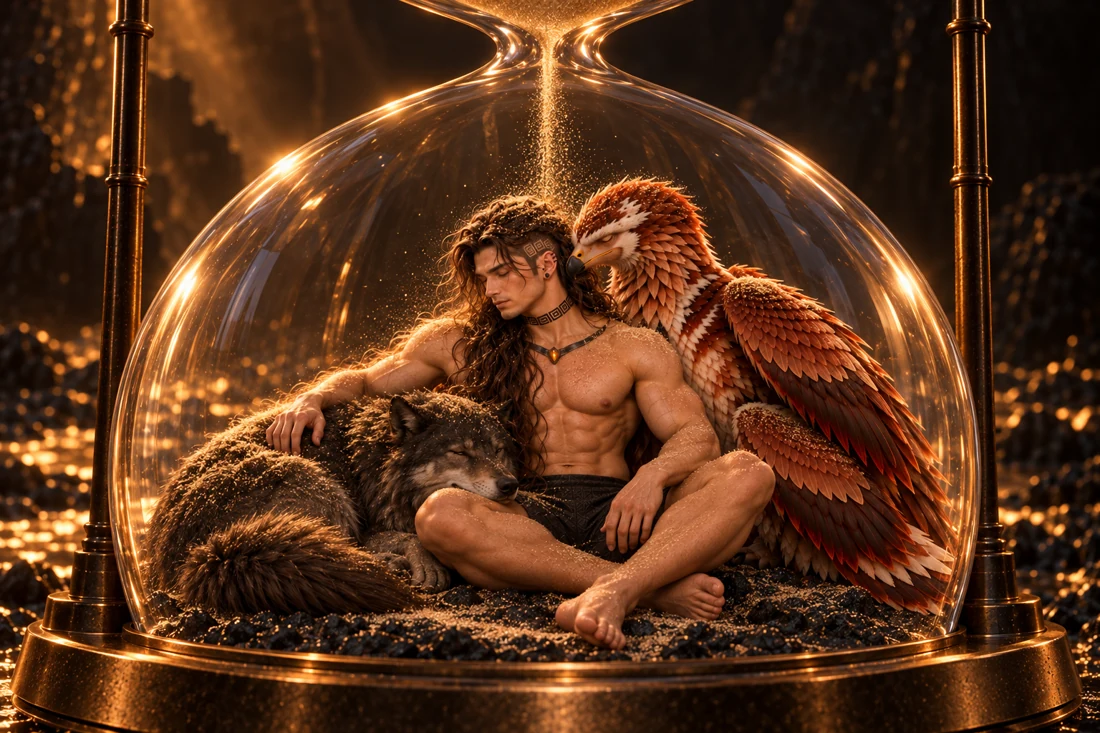 Inside the lower chamber of the hourglass, a narrow stream of golden sand begins to fall onto Saevren's loose hair. The first grains dust his shoulders and folded legs, the curled dark wolf at his left, and the resting copper-and-cream four-winged bird at his right. Saevren keeps his hand on the wolf and rests calmly beside the bird, barefoot in charcoal shorts. Most of the mineral floor and all three bodies remain uncovered.