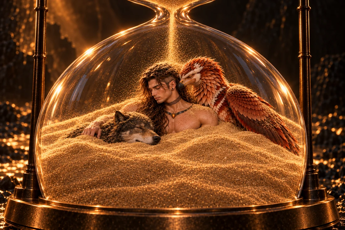 Deep golden sand now fills much of the lower hourglass chamber, covering Saevren's folded legs and abdomen, the curled wolf's body and the bird's lower feathers. Their three peaceful faces remain visible and close together. Saevren's hand still rests beside the wolf's head while the copper-and-cream bird nestles near his temple. Sand continues to fall through the glass neck above them.