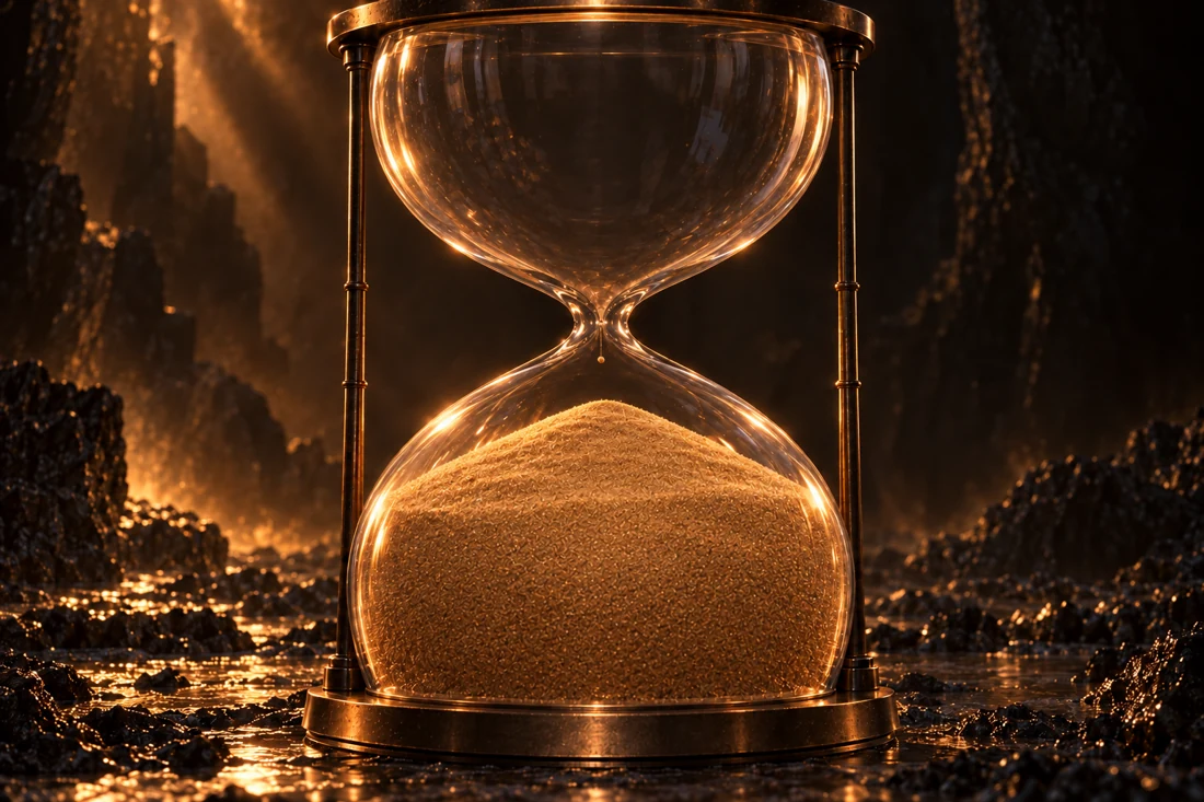 The same bronze-framed hourglass stands in the dark amber-lit mineral clearing. Its upper glass chamber is empty, while a high mound of golden sand fills the lower chamber and completely conceals the resting group. A single final grain hangs just beneath the narrow neck above the mound. No person or creature is visible through the sand.
