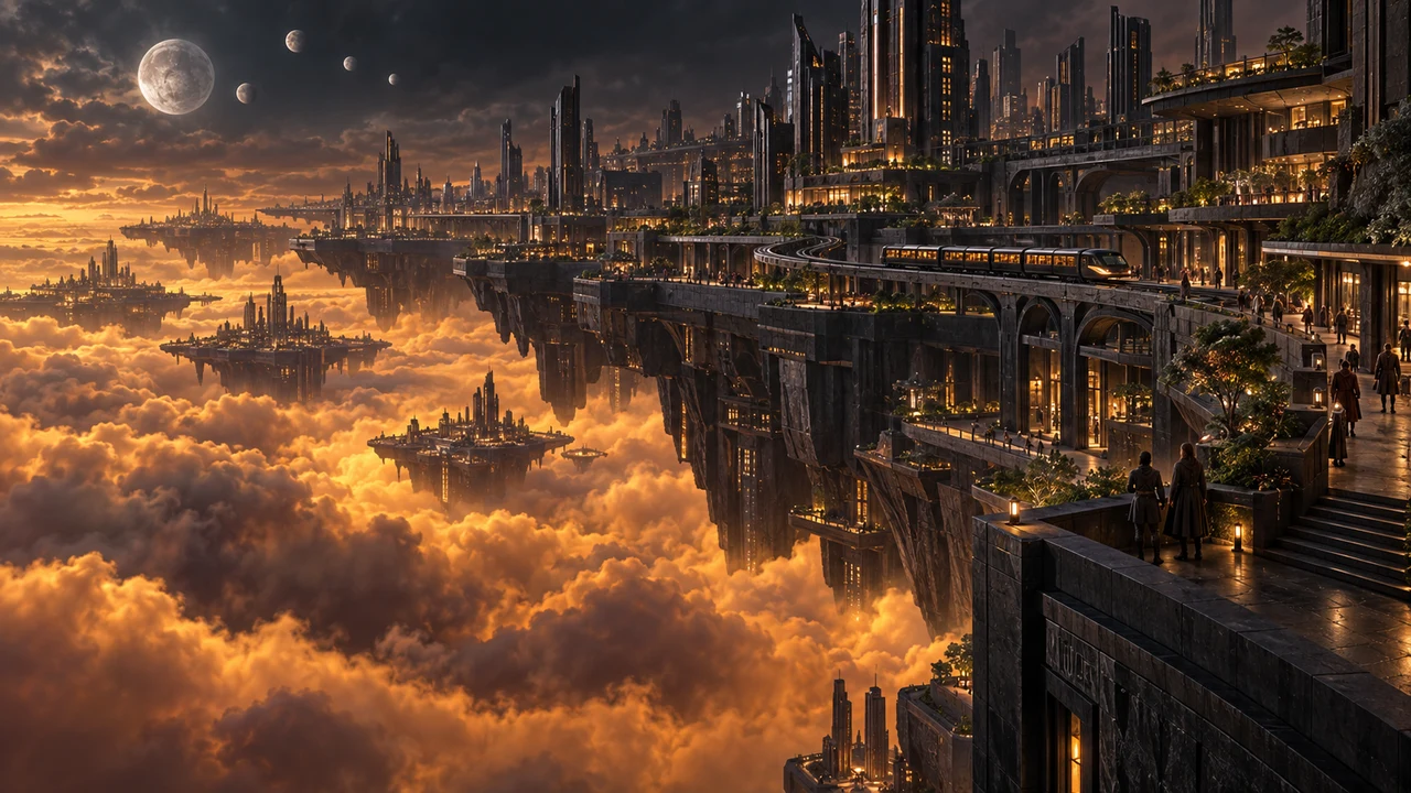 Suspended graphite towers, planted terraces and crossings rise from deep amber clouds beneath Caelvar’s moons.