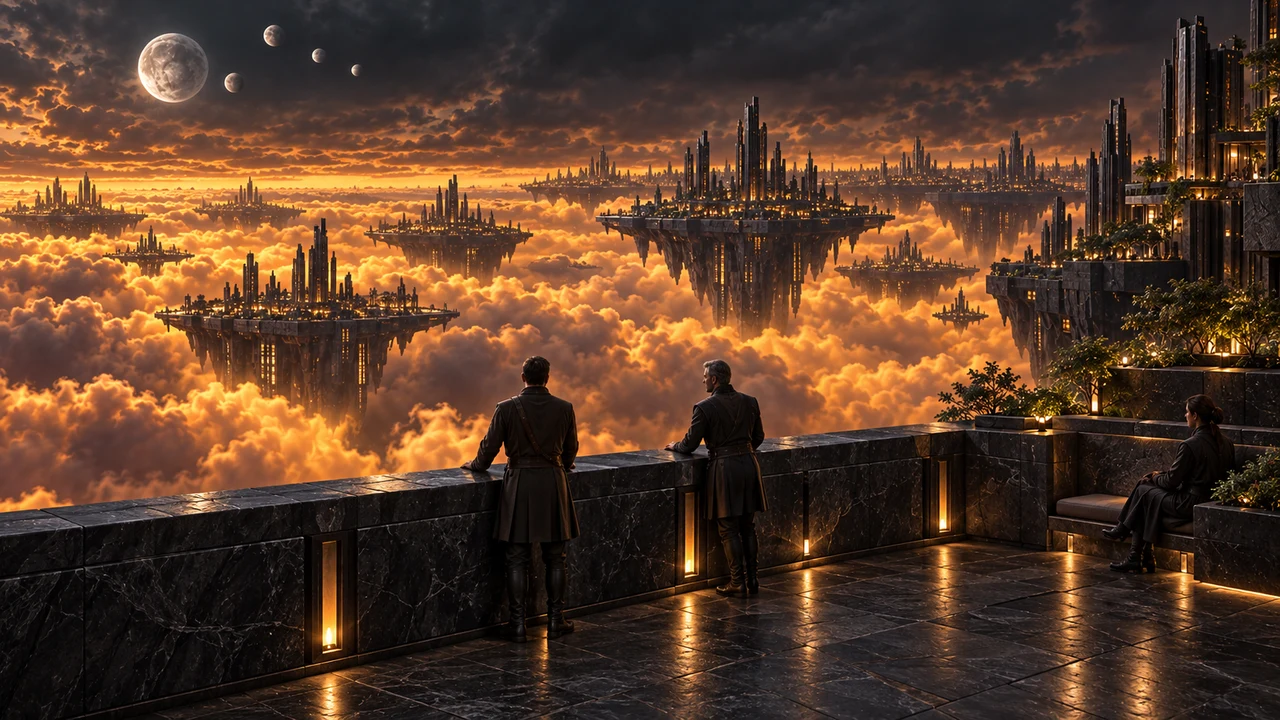 A dark mineral overlook opens toward Saurenn’s suspended buildings and layered amber clouds.