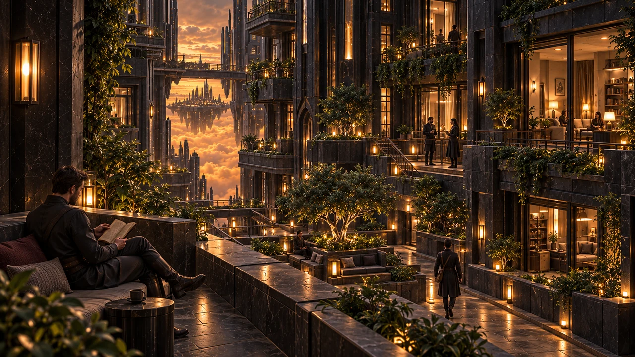 Tall inhabited buildings with illuminated windows and terraces stand above Saurenn’s amber cloud basins.