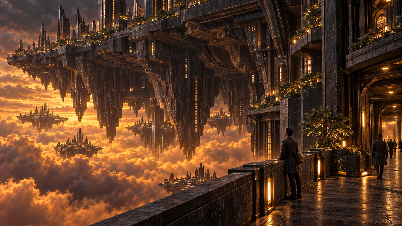 A planted lower belvedere of dark stone overlooks the amber basins and distant city.