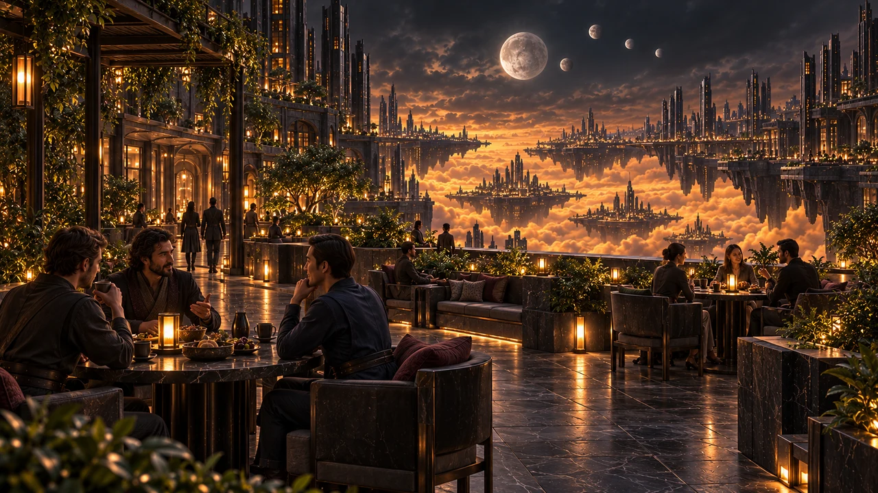 Residents gather in a warmly illuminated common space beneath the moons of Caelvar.