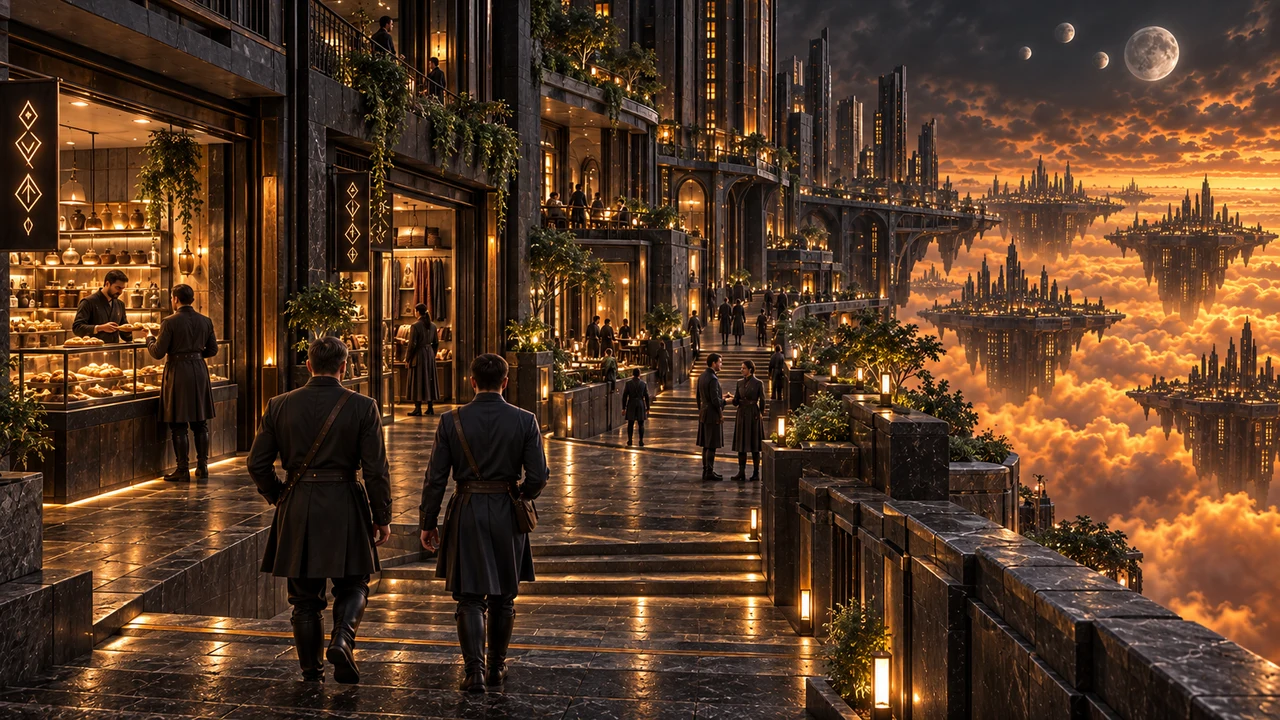 Pedestrians follow steps and planted terraces between the dark inhabited buildings of Saurenn.