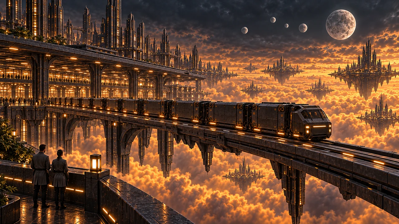 A graphite freight train moves rightward away from a covered terminal along a suspended span beneath five moons.