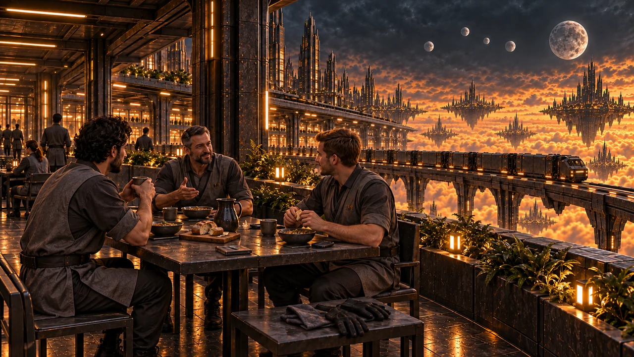 Three workers eat together at a table on a sheltered planted terrace overlooking the freight line.