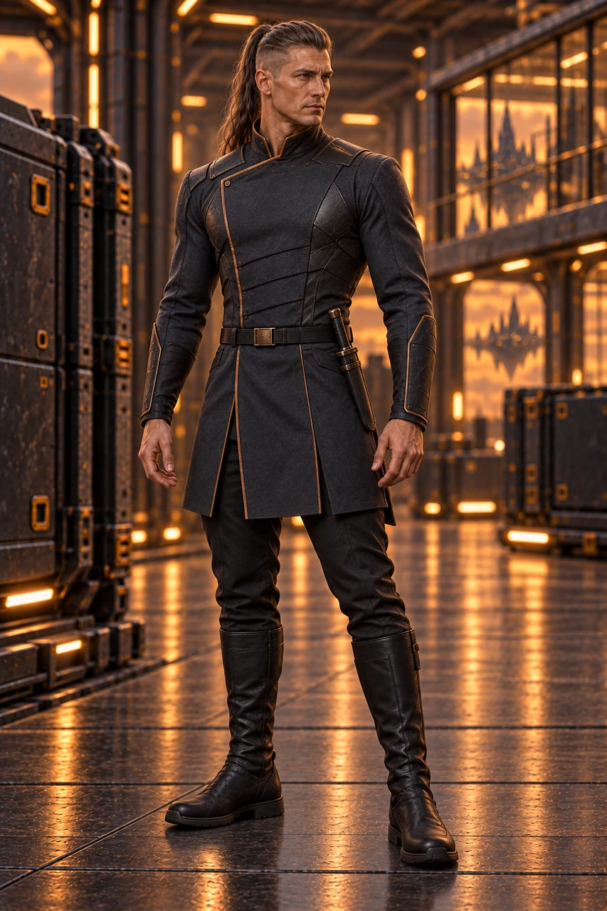 Full-body portrait of a mature clean-shaven Escort Leader with an undercut ponytail, fitted long-sleeved graphite tunic and tall black boots.