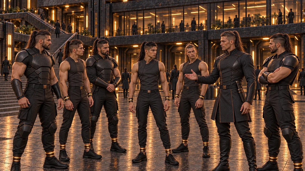 Runners and sentinels gather around an Escort Leader in the open headquarters court beneath a glazed gallery.