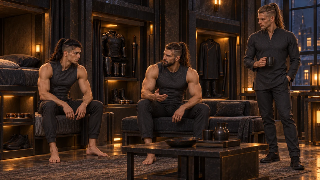 A runner sits on a bed, a sentinel rests on a bench and their leader holds a cup beside a window, all in light graphite rest clothing.