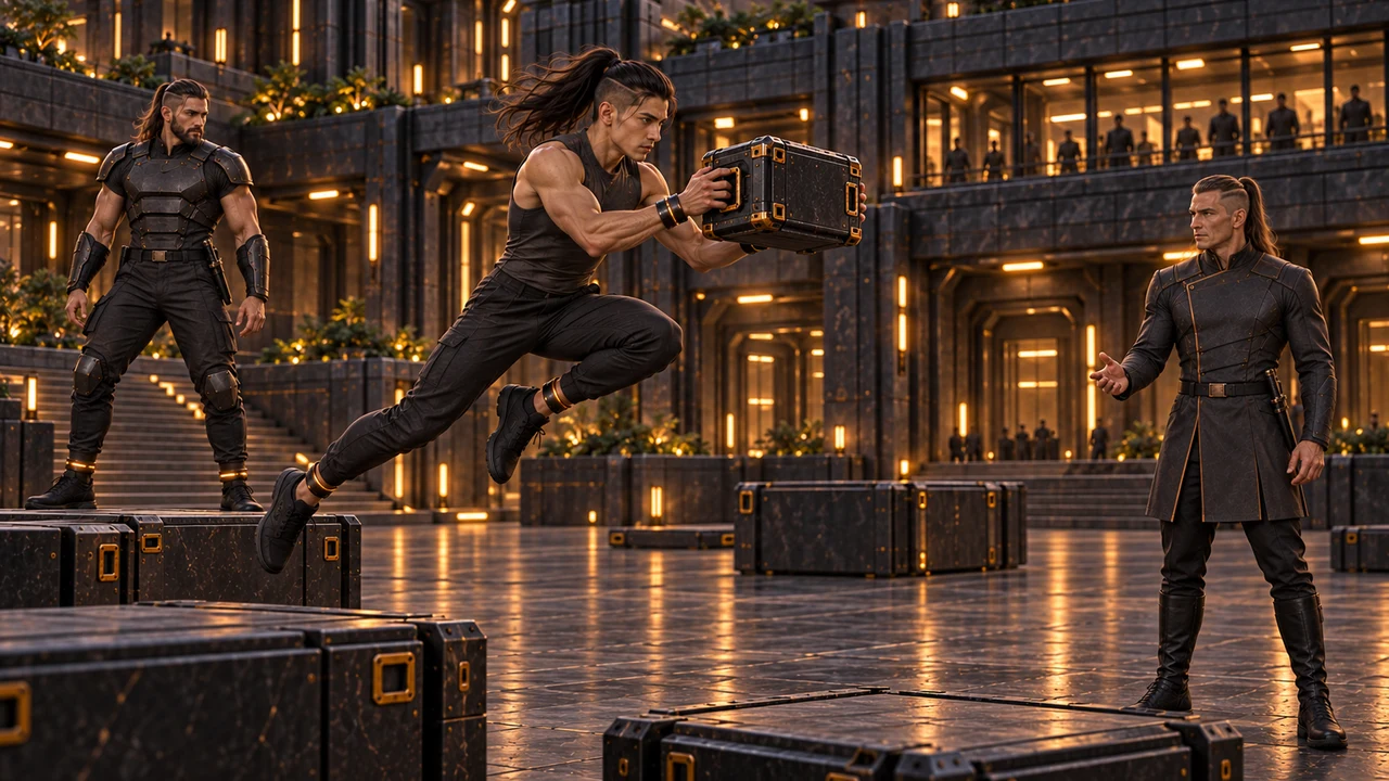 A runner leaps to catch a cargo box while a sentinel stands on a low practice block and the leader watches from the court.