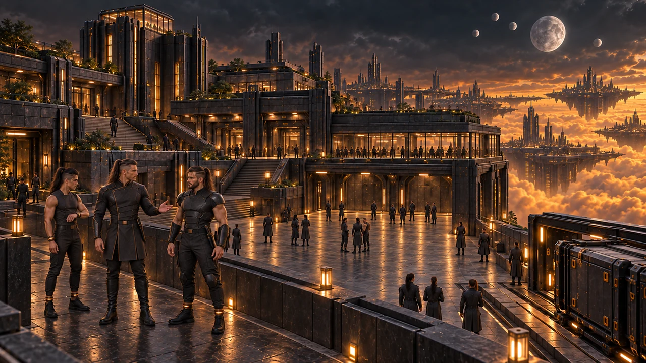 Three escort representatives overlook a clear assembly court beneath stepped dark headquarters, glass galleries and an observation tower.