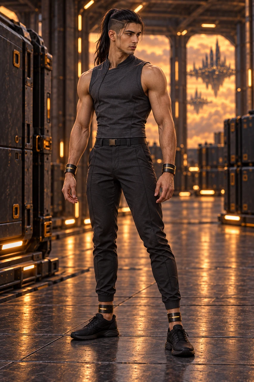 Full-body portrait of a young adult lean muscular Transit Runner with a black undercut ponytail, sleeveless graphite top, low shoes and four wrist and ankle bands.