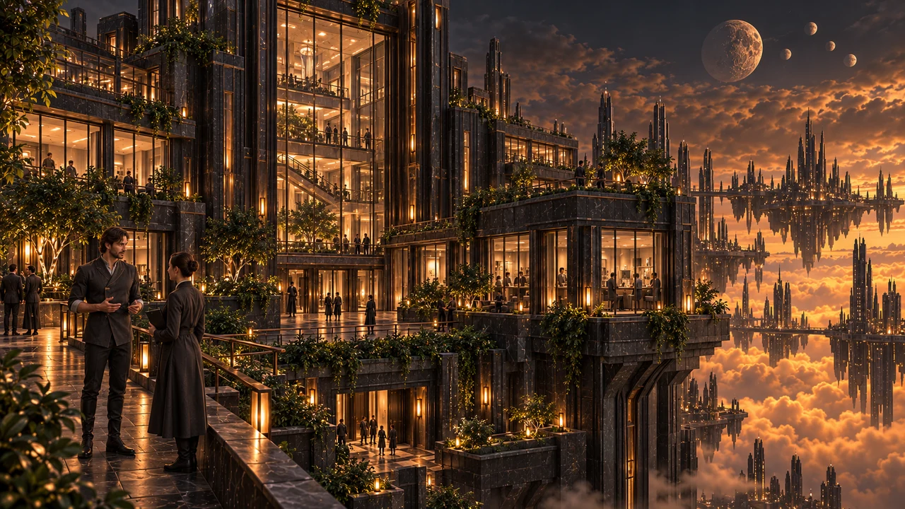 The Arcane Networks Institute rises in dark mineral tiers around a tall glazed atrium, with laboratory wings and planted terraces above Saurenn’s amber clouds.