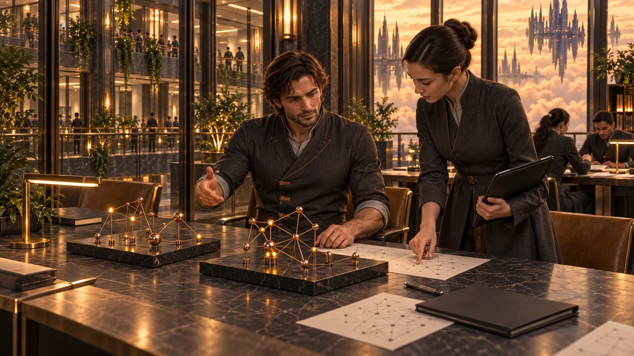 Civilian researchers review records and fitted distribution equipment inside a graphite and copper gallery with windows toward Saurenn.