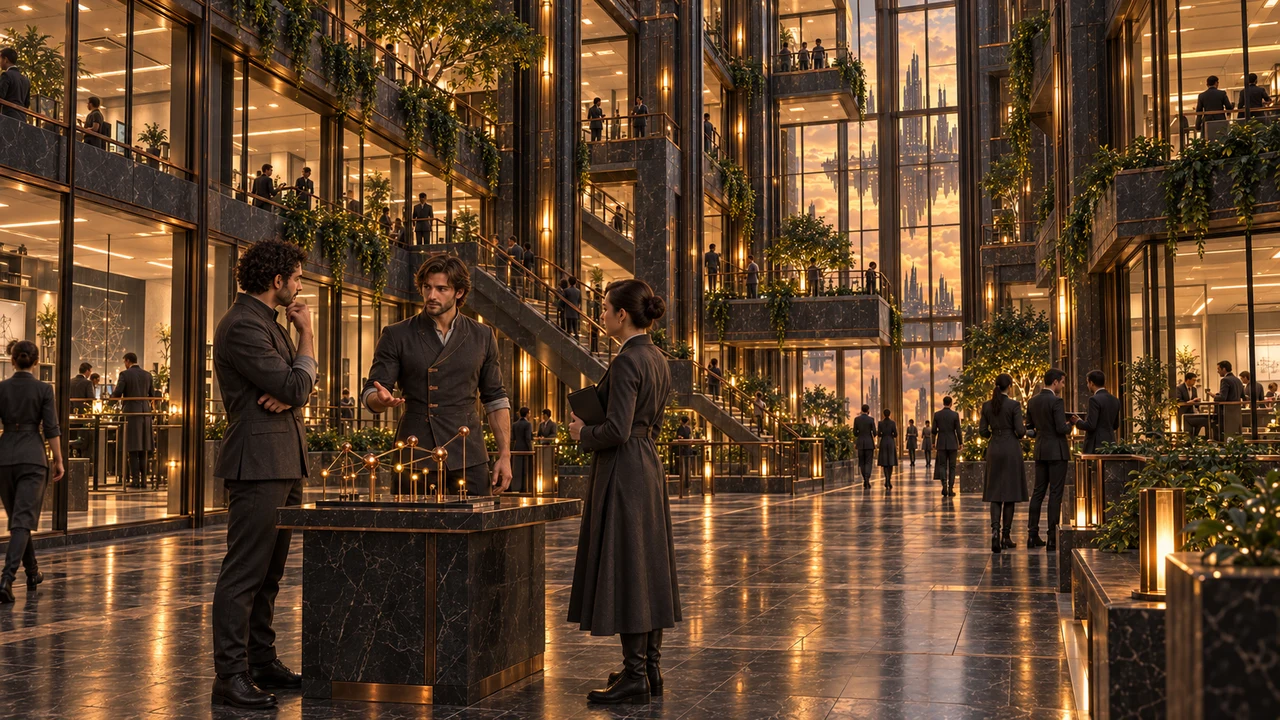 Researchers occupy the institute’s tall central atrium, framed by dark mineral supports, glass galleries and warm copper-toned light.