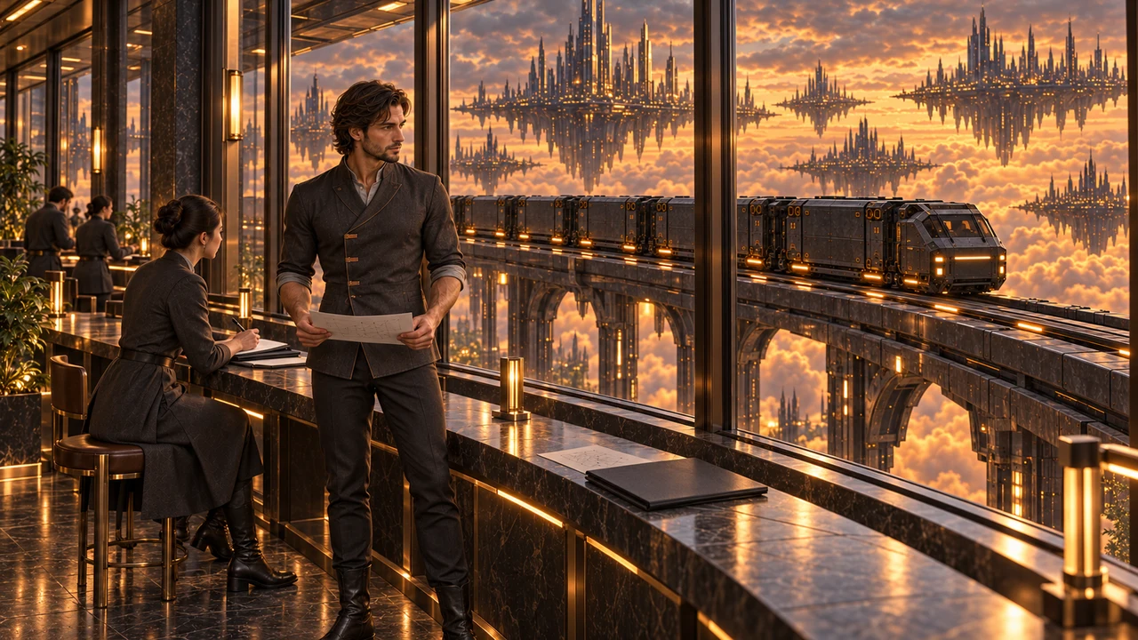 Researchers stand in a glazed observation gallery overlooking an enclosed graphite freight convoy and the amber city.
