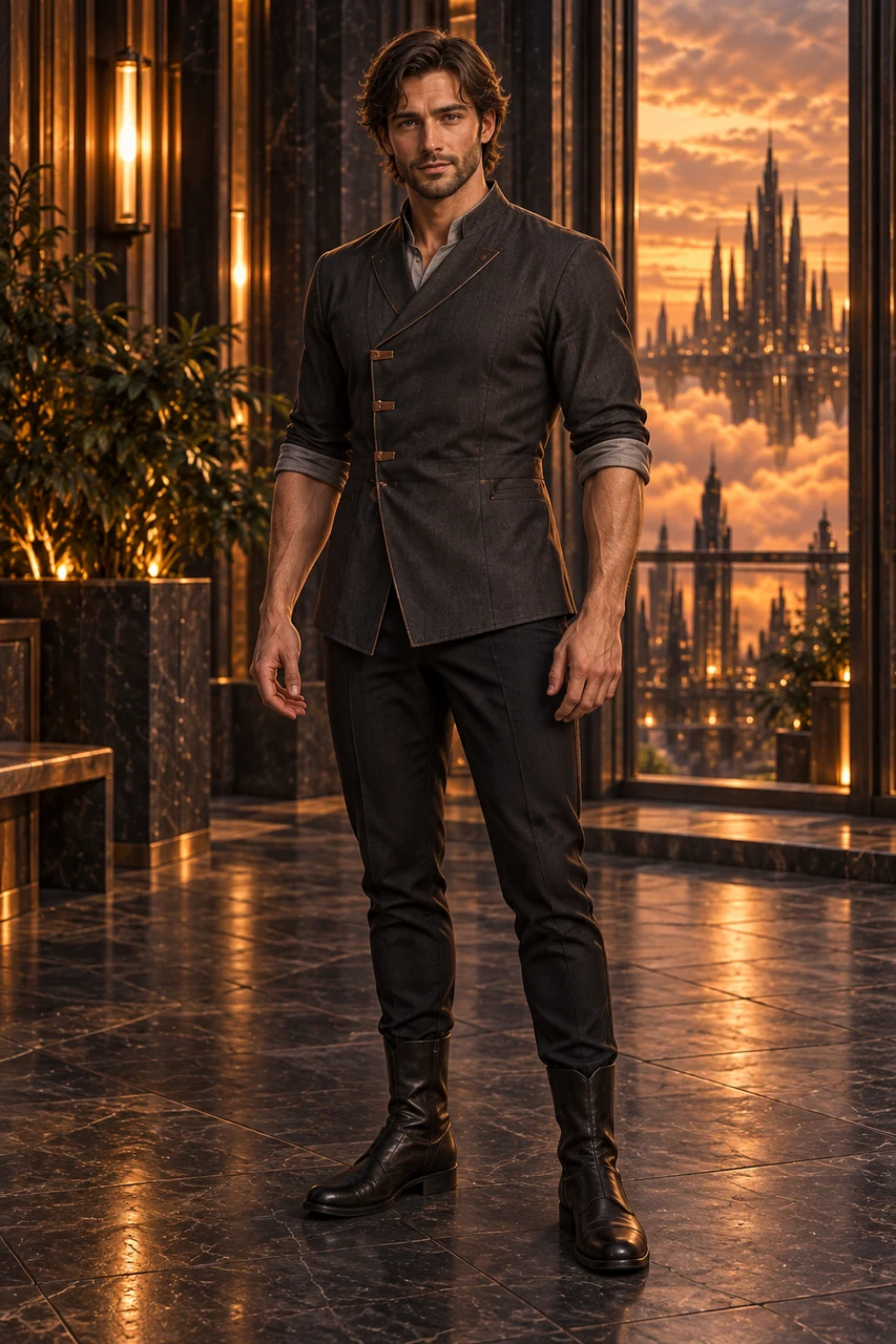 Full-body portrait of a lean adult male researcher with loose chestnut hair, a short beard, a fitted graphite tunic with copper fastenings, dark trousers and mid-calf boots.